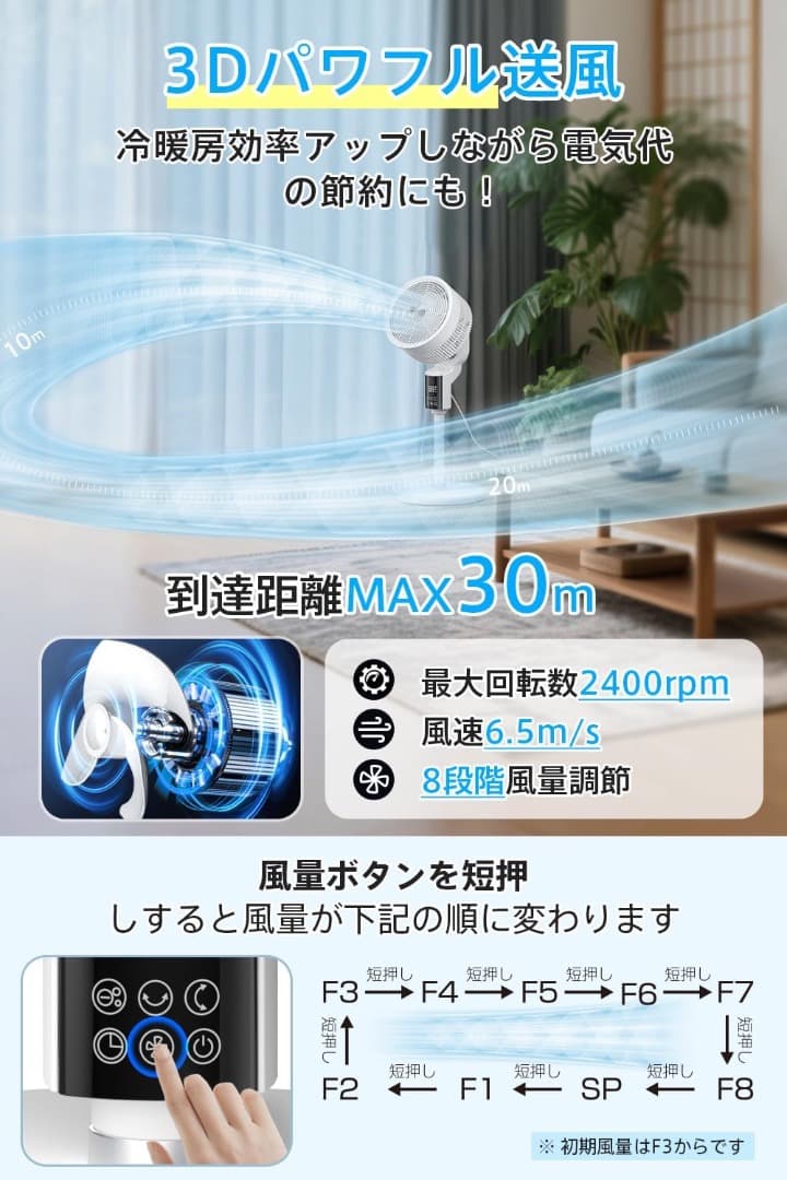 サーキュレーター 扇風機 3D 自動首振り 360°全方向8段階風量調整 3段階