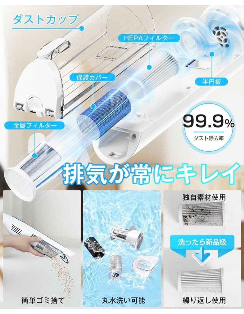 掃除機 コードレス 55KPa超強力吸引 自立式 LEDライト 超軽量 白