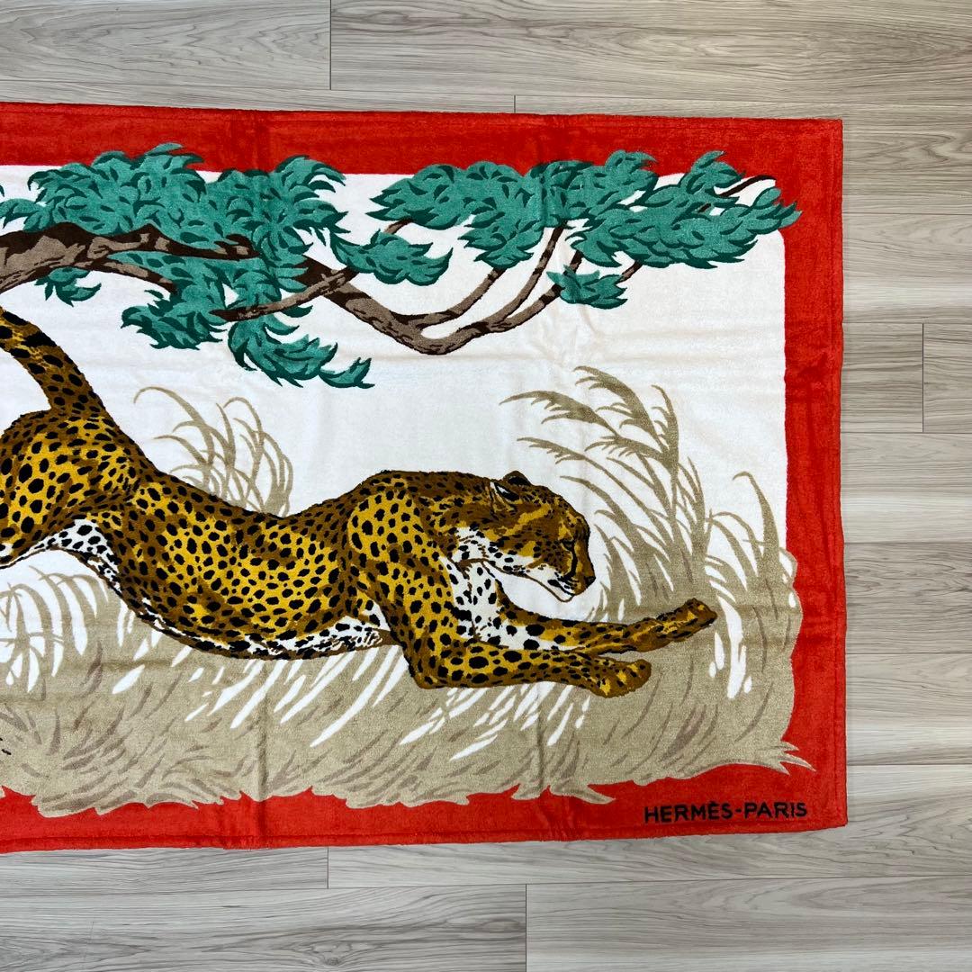 【新品】HERMESエルメス レッド ビーチタオル ラグ　マット　チーター 豹