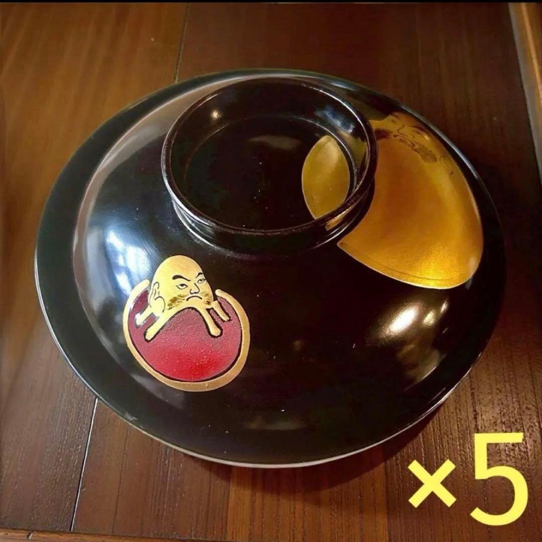 【時代物】達磨 だるま蒔絵・能登輪島塗 栗色付 吸物椀×5客 谷川堅美堂 縁起物
