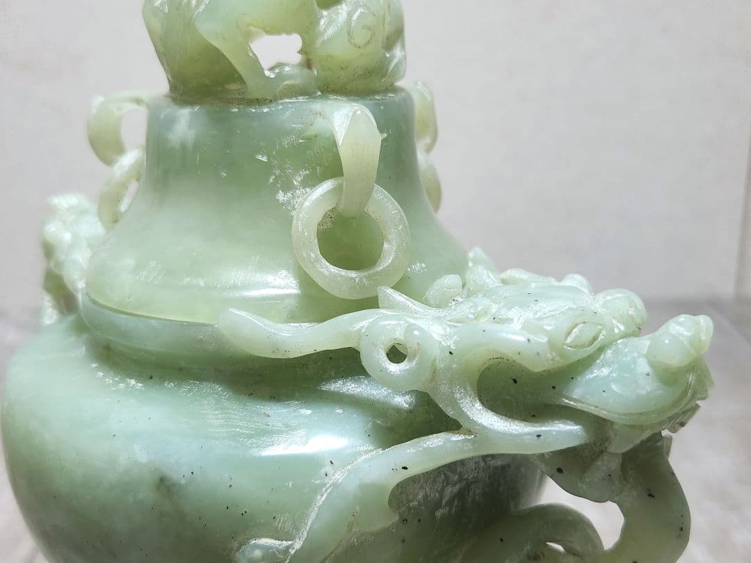 翡翠 蓋付き香炉 龍の彫刻 中国工芸品 箱付き