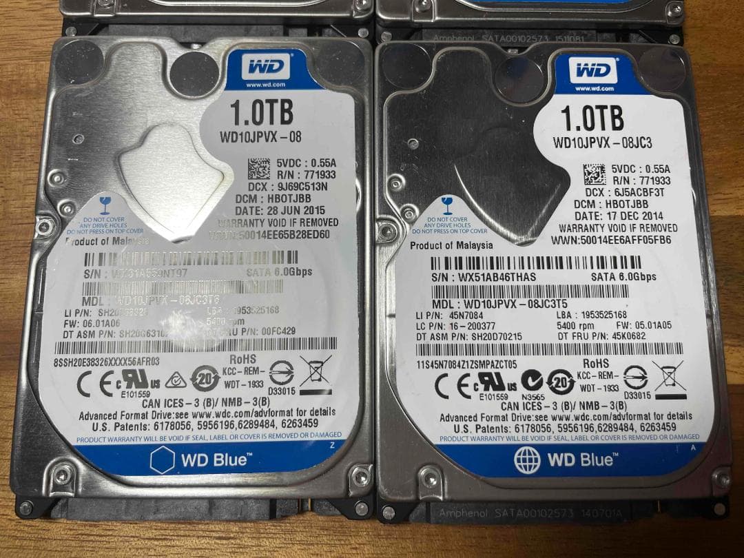 4枚セット WDC 2.5インチ HDD 1TB 厚さ9mm