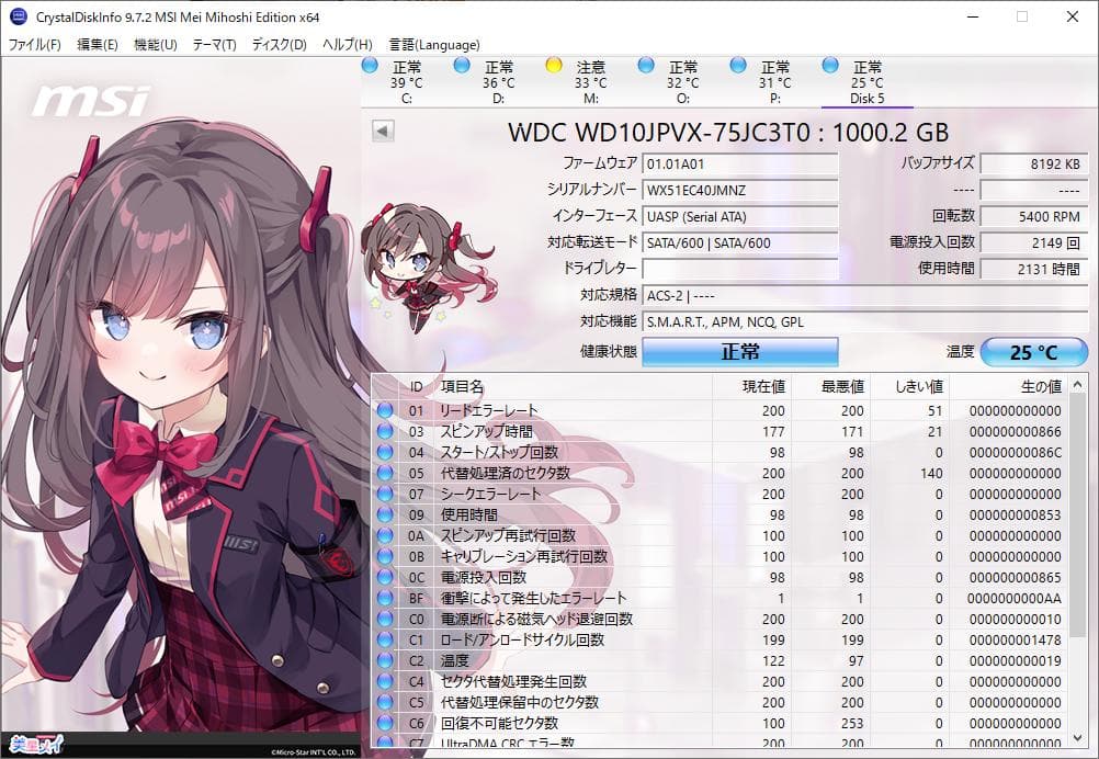 4枚セット WDC 2.5インチ HDD 1TB 厚さ9mm