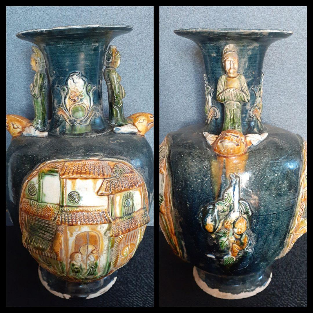 中国古美術　中国古陶磁器　古玩　古代中国　遼時代頃　双耳　陽刻浮彫　人物図　大壺