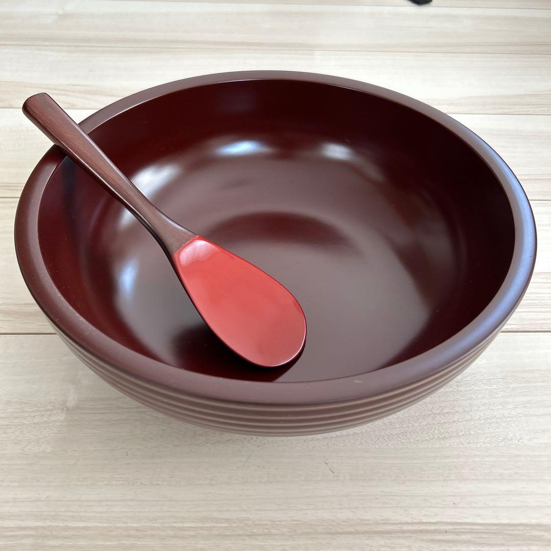 漆器 椀とスプーンセット 大きめ 深い赤色