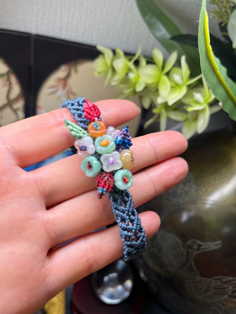 超美品❣️ハンドメイド品‼️天然A貨翡翠　個性、大きめのモクセイの花手編みブレス