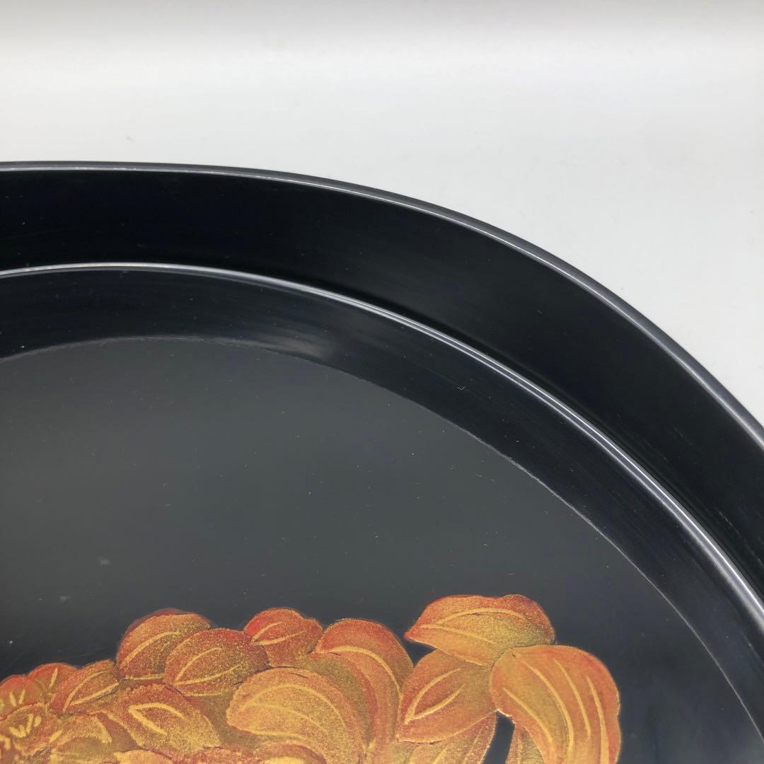 黒塗り菊花金蒔丸盆27cmオレンジゴールド菊柄伝統工芸品茶器菓子トレイお膳