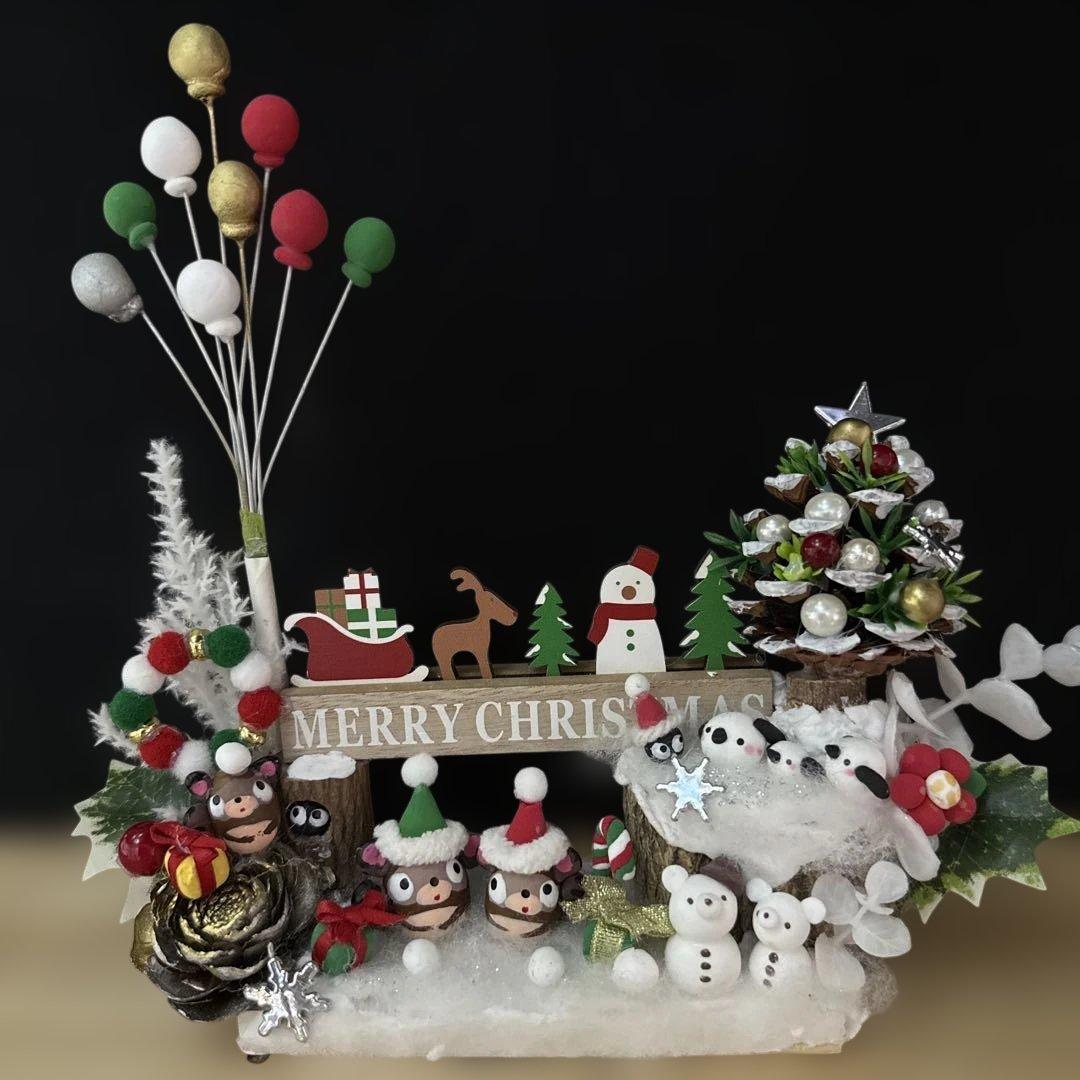 どんぐりアート♡クリスマス2点　たぬきちゃんメモスタンドオブジェ♡