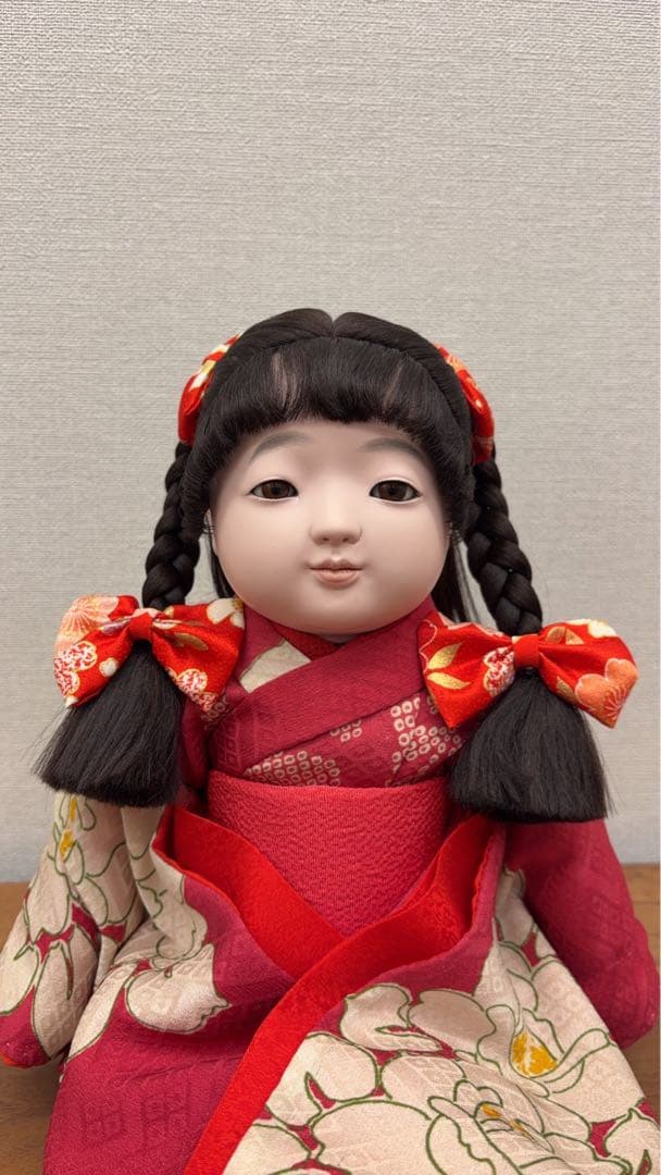 松乾斎東光作　座り市松人形　古布赤