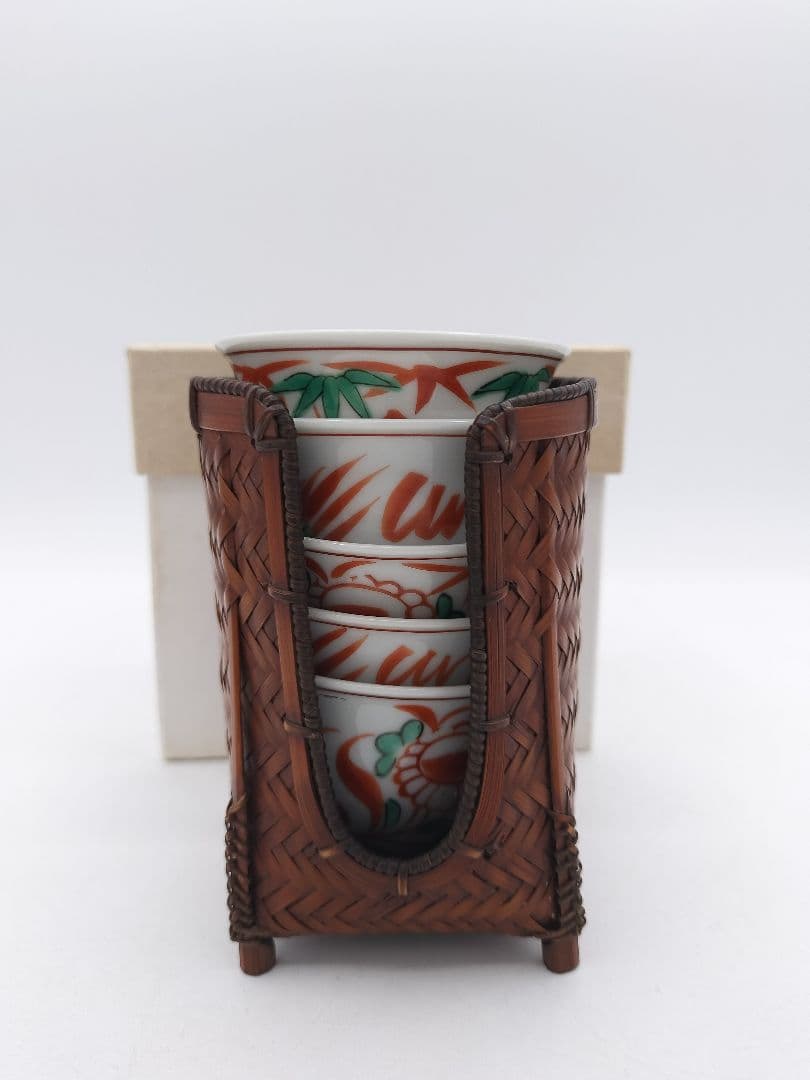 d165 煎茶道具セット　赤絵茶碗・碗筒・茶箕　 紙箱 茶道具 古物