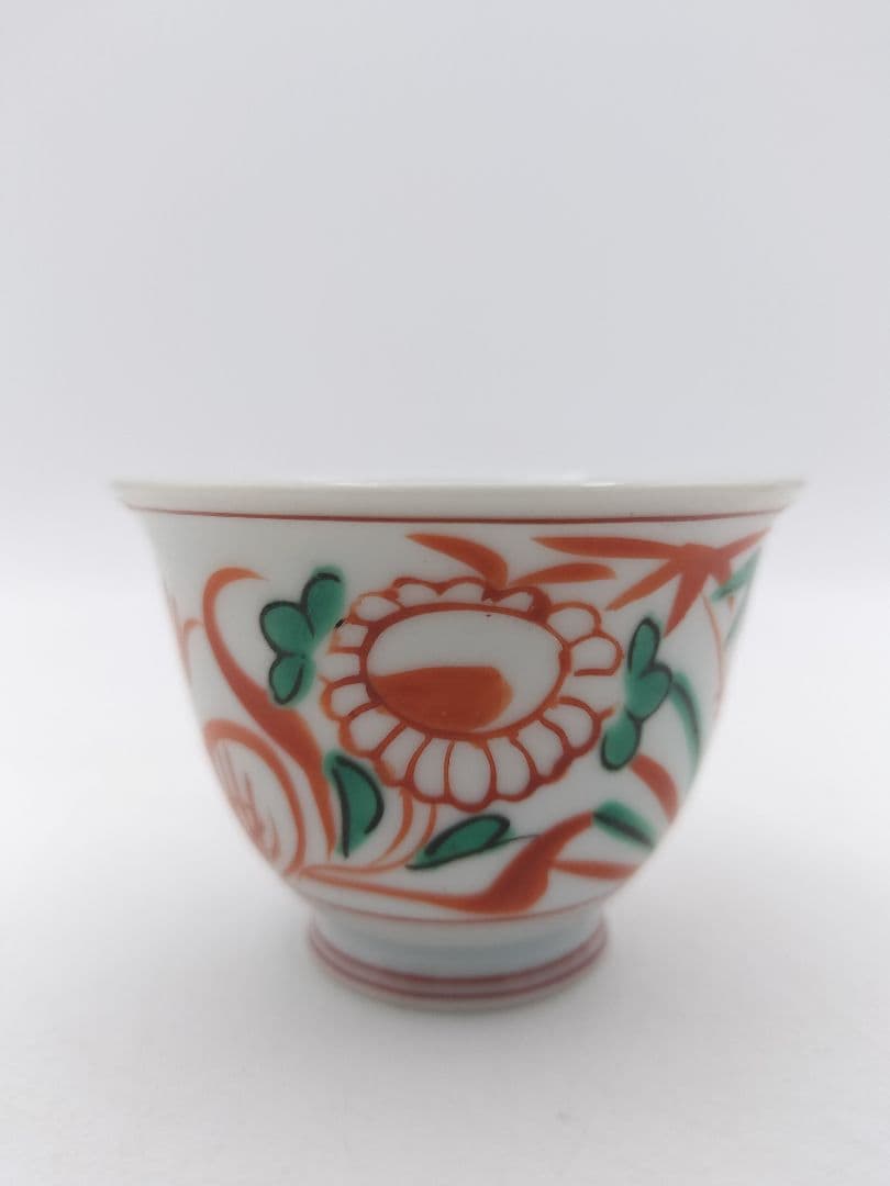 d165 煎茶道具セット　赤絵茶碗・碗筒・茶箕　 紙箱 茶道具 古物