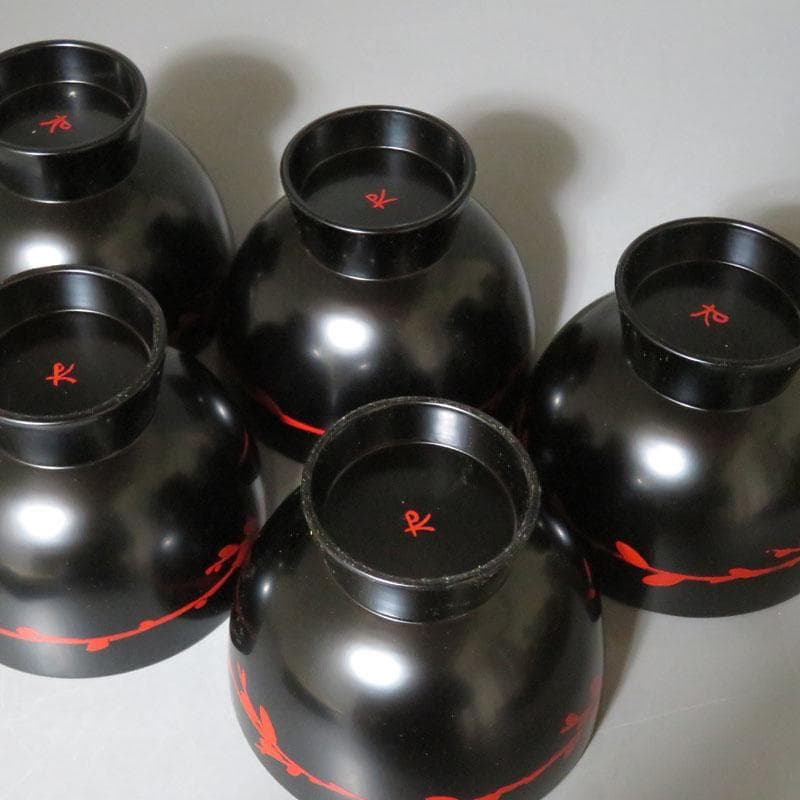 ◆544◆芽張 汁粉椀　5客　板蓋付　うるし絵　芽張柳　茶道具　漆器