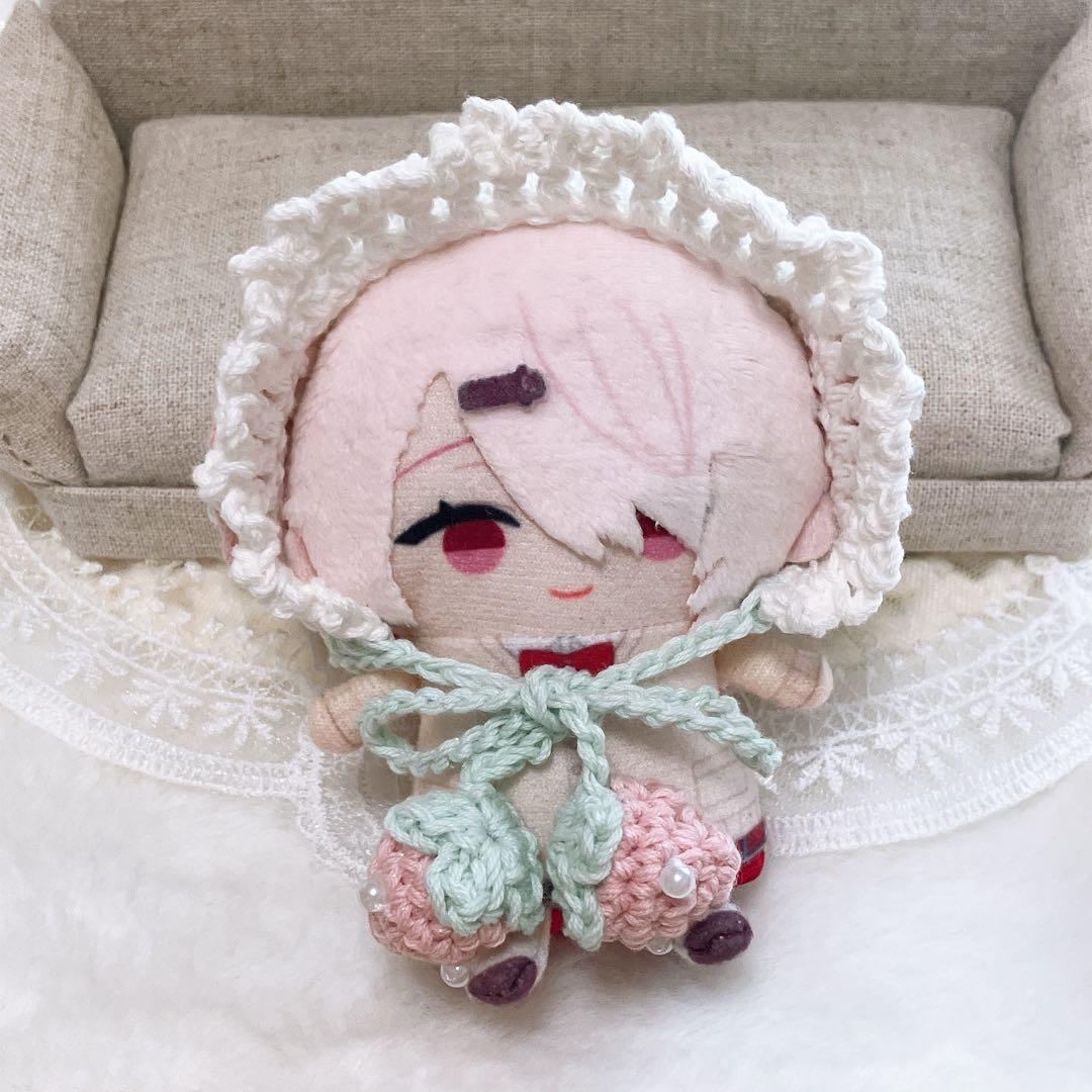10㎝ ちびぐるみ　にじぱぺ　ぬい服　いちごモチーフ　ボンネット　白ピンク 25