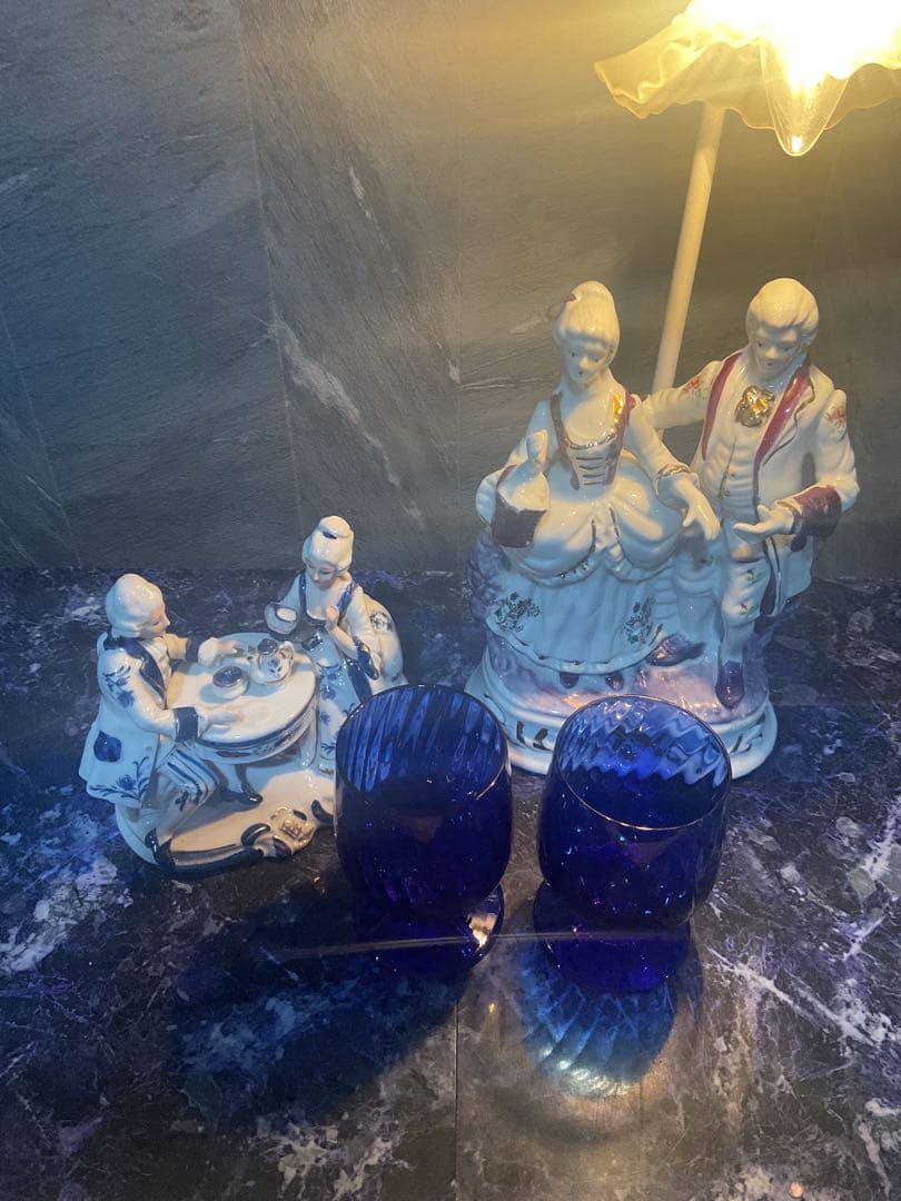 ⚜️19世紀風 陶器の人形カップル2セット(ライト付)＋北一硝子グラス2品⚜️