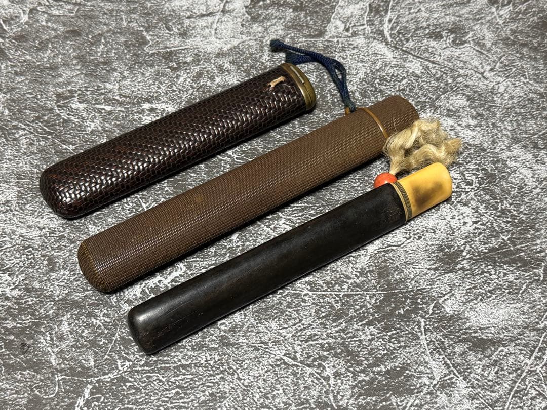 煙管筒3点まとめて 時代煙草道具 キセル入れ 籐網代編み 角製風