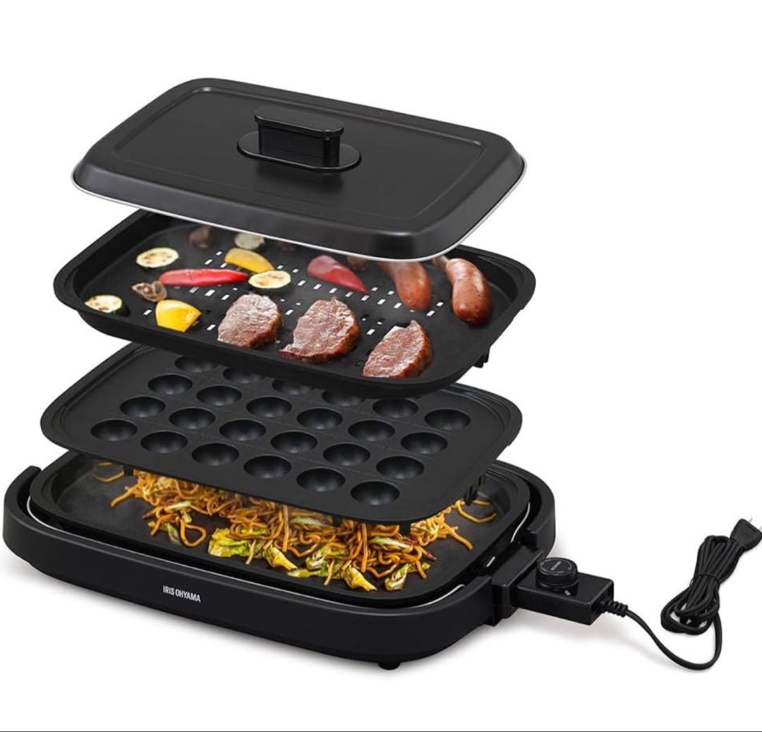 ホットプレート 網焼き風3枚焼き シンプル 焼肉 たこ焼き IHA-A30-B