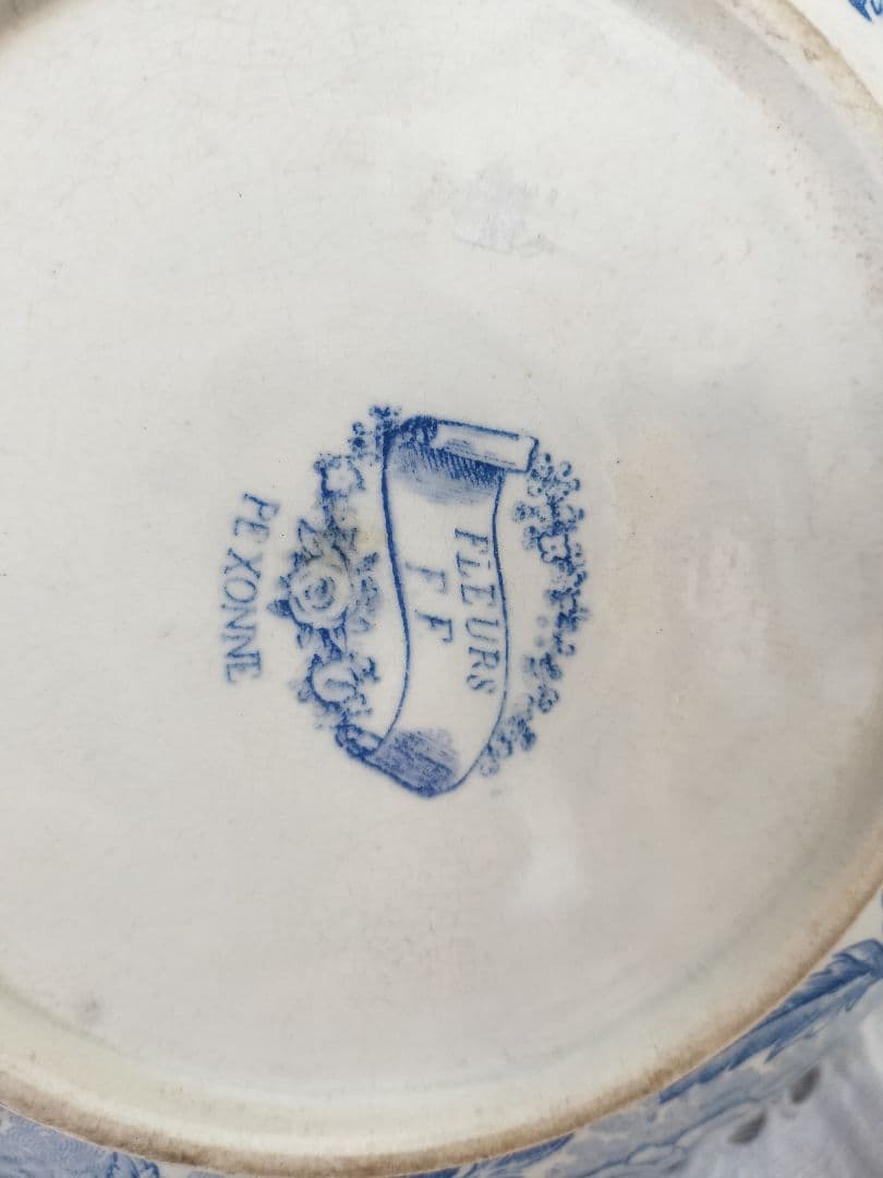 アンティーク　フランス　花柄　ブルー　1900年　洗面ピッチャーとボウルのセット