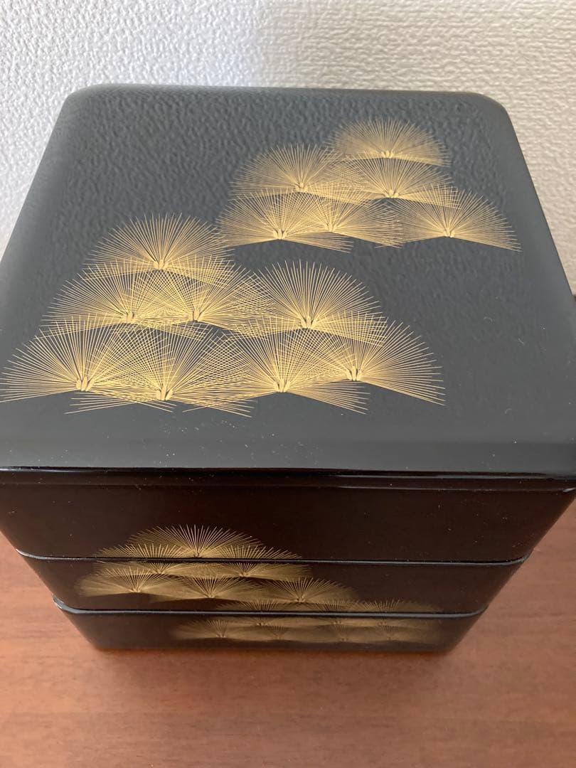 重箱 会津塗 沈金 松枝蒔絵 重箱 6.5寸 三段重ね