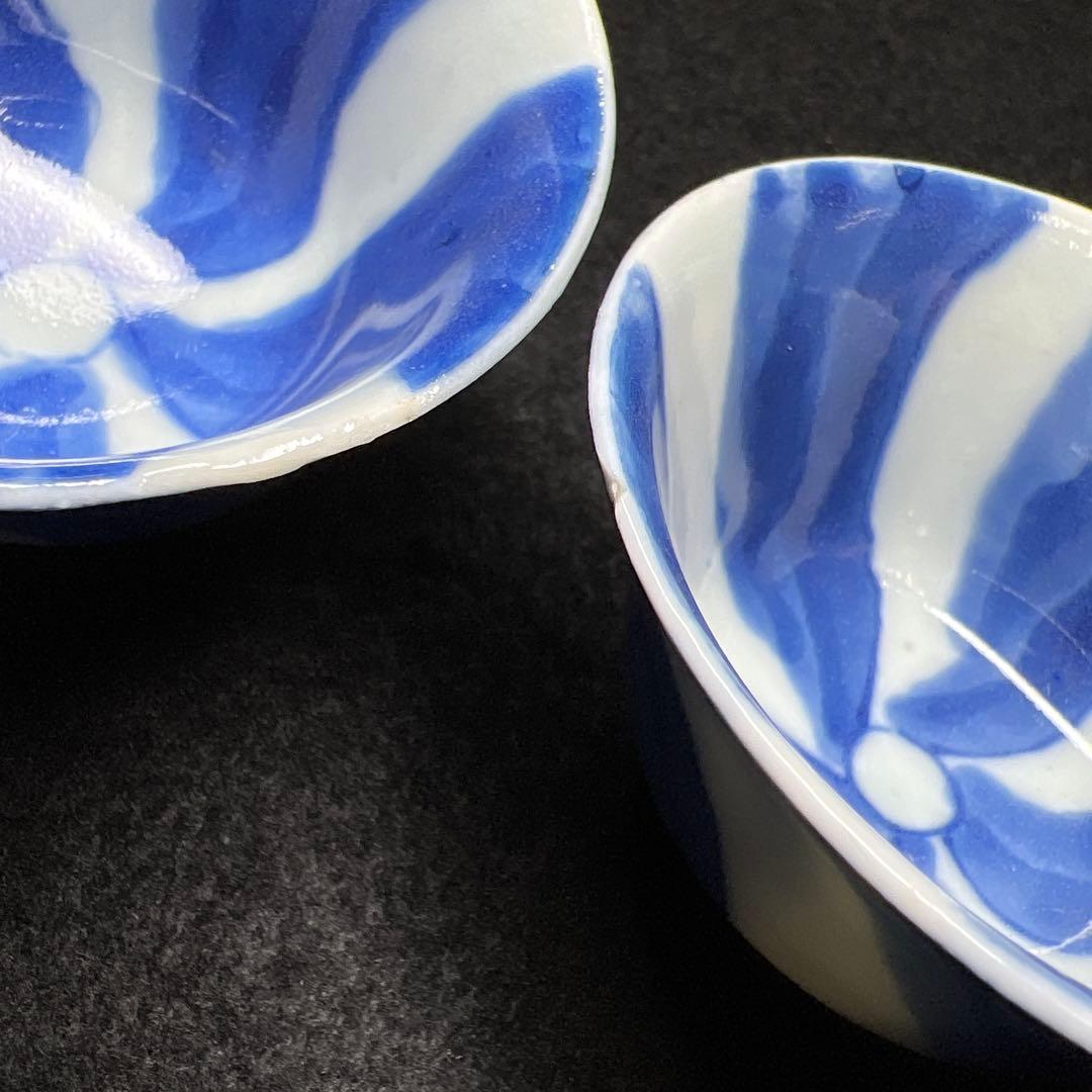 時代　青花染付渦福煎茶碗5客　木箱付　口径約6.5㎝東Y8-0403☆2Fタルチ