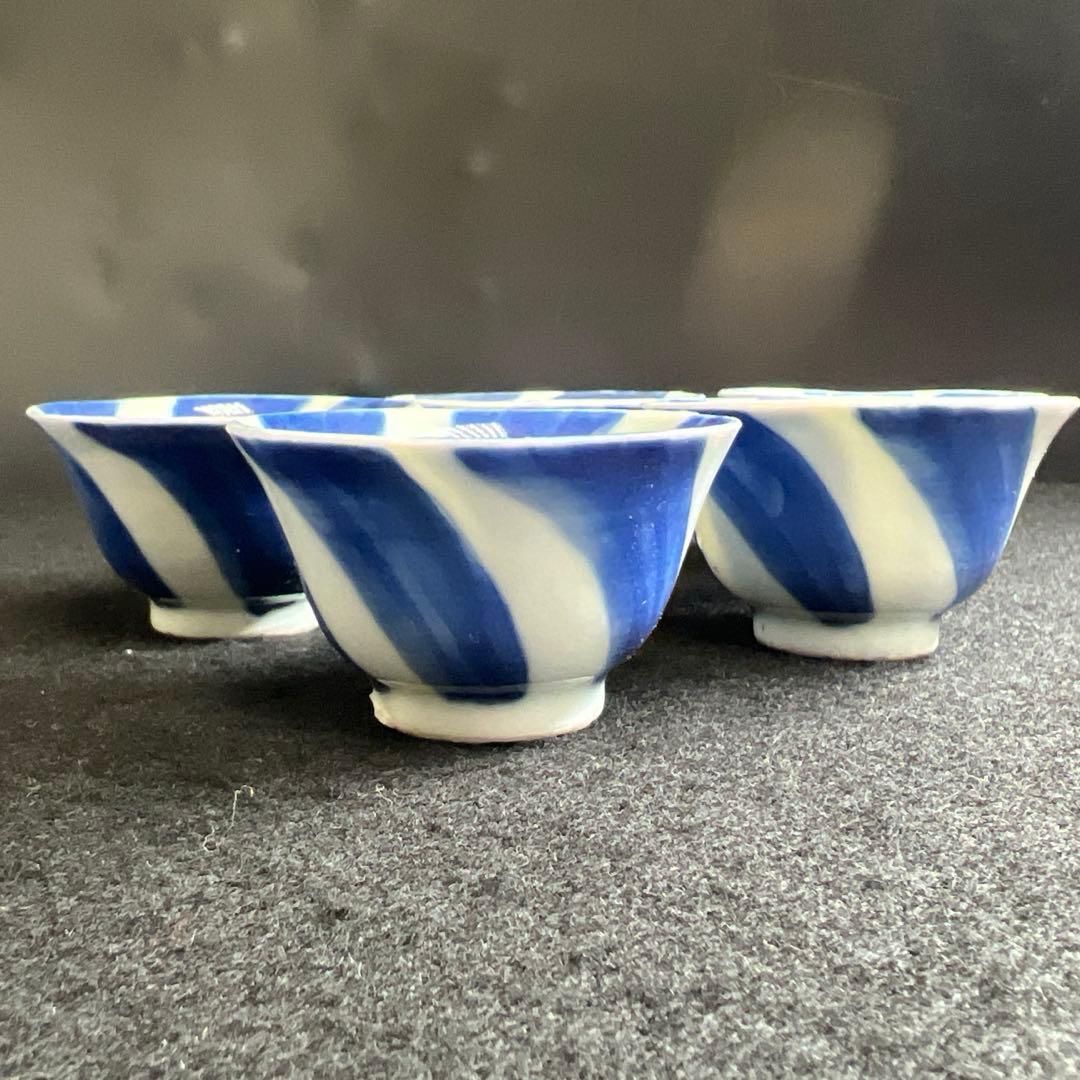 時代　青花染付渦福煎茶碗5客　木箱付　口径約6.5㎝東Y8-0403☆2Fタルチ