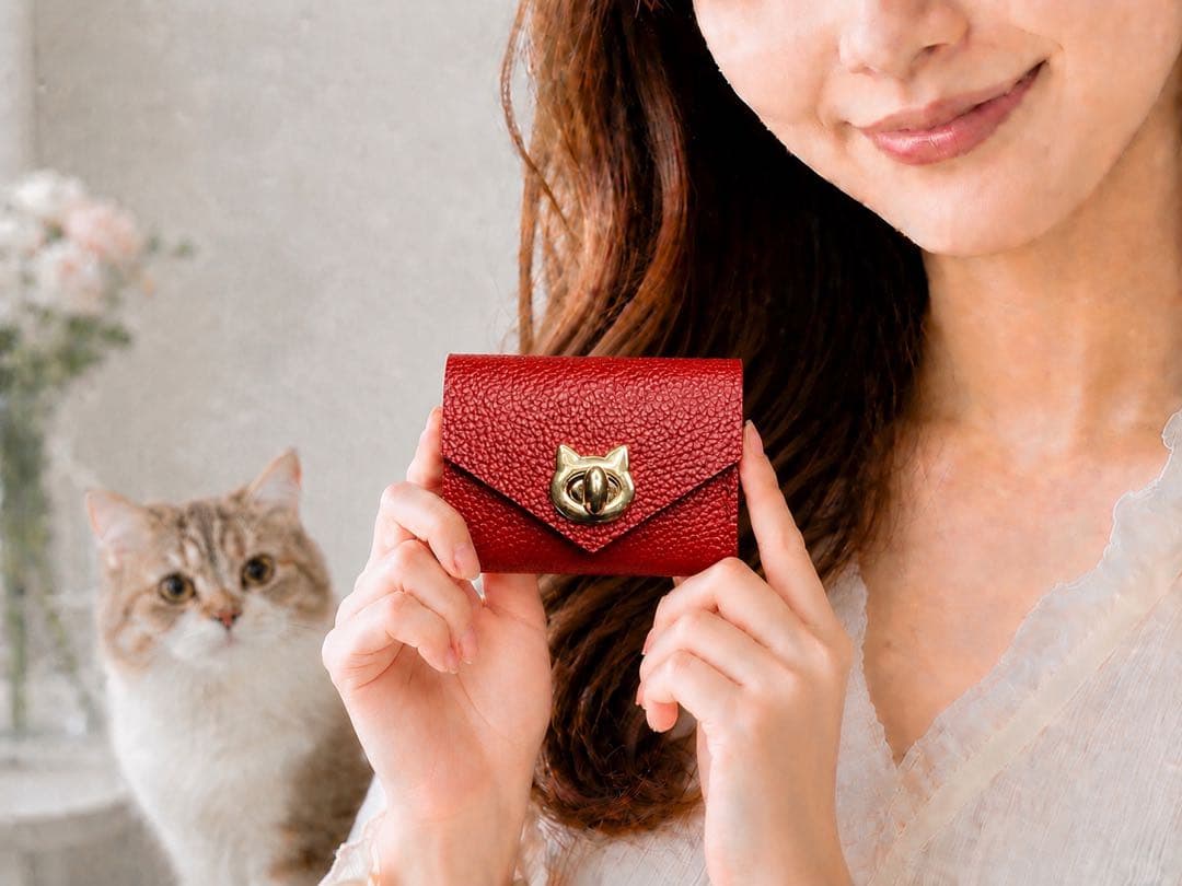 ❤【可愛さ×高級感♪】お洒落可愛い猫の総本革コンパクトミニ財布♪ダークレッド 赤