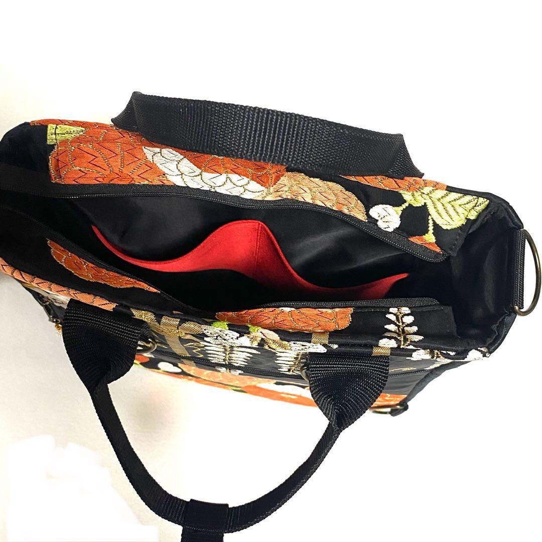 398 帯リメイク　菊花と藤の花のBOX型3wayバッグ