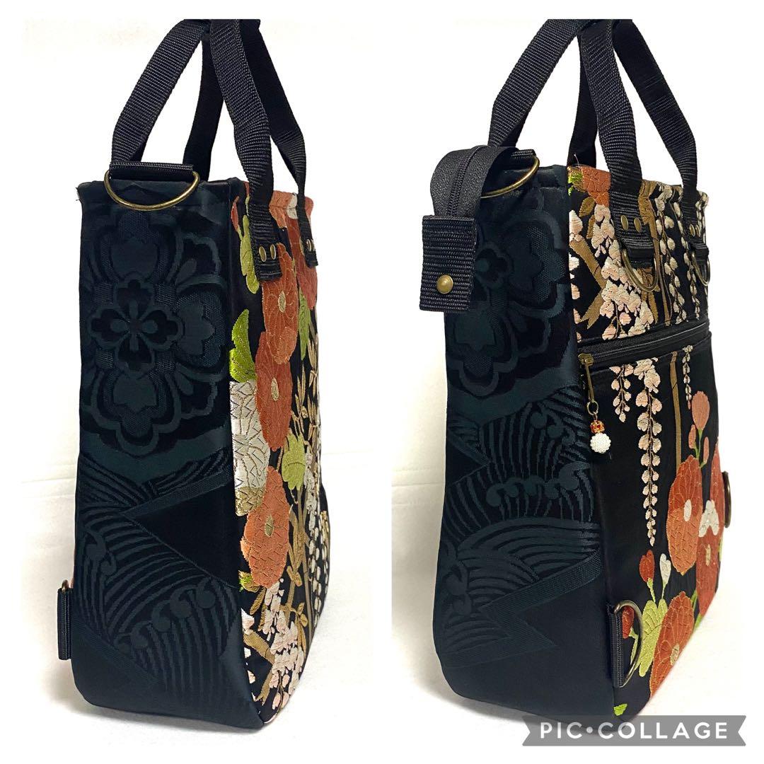 398 帯リメイク　菊花と藤の花のBOX型3wayバッグ