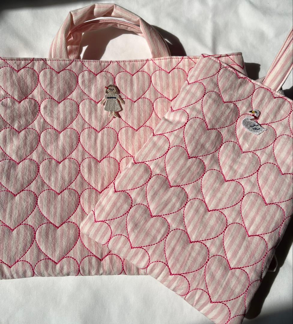 チョビさま☆専用　ハートストライプキルト　レッスンバッグ　シューズ　ピンク　ヌビ
