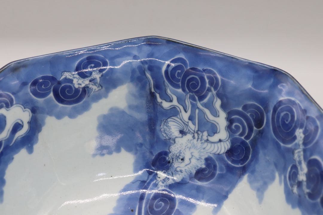江戸　瑠璃釉八角龍紋大鉢　アンティーク　送料込み250929