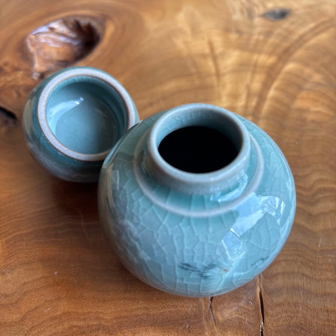 【箱の蓋なし】韓国高麗青磁 茶入 扶林窯 李奇休作 仕覆付 茶道具