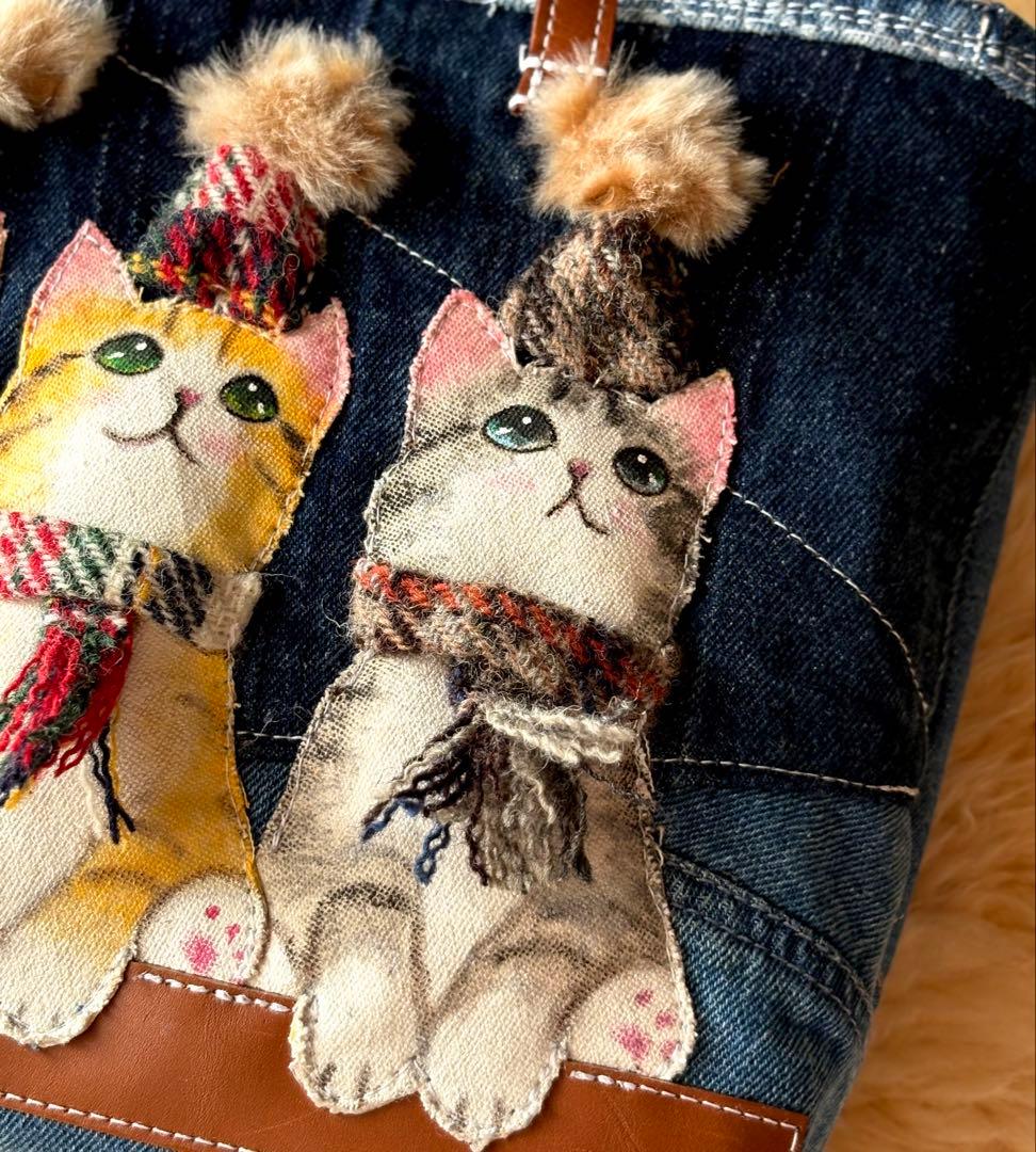 (手づくり)\"お出かけ待ち三兄弟\"ネコのアップリケデニムバッグねこ