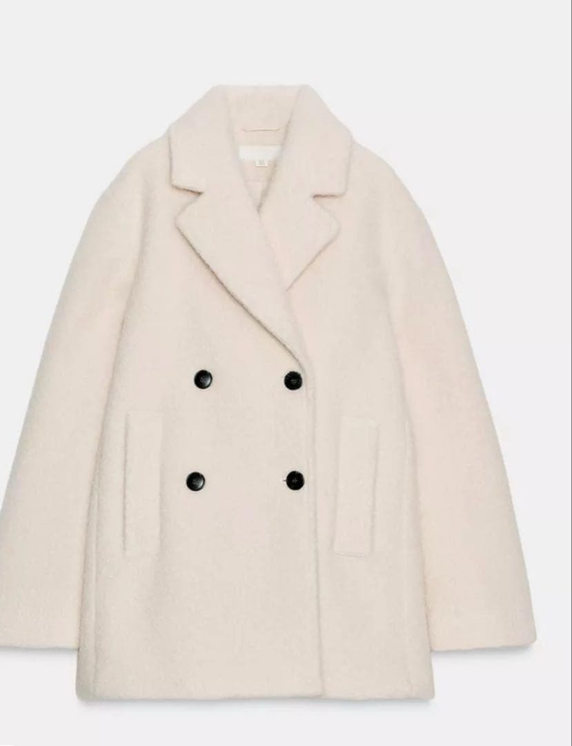新品 ZARA ブークレダブルブレストミディ丈コート エクリュ