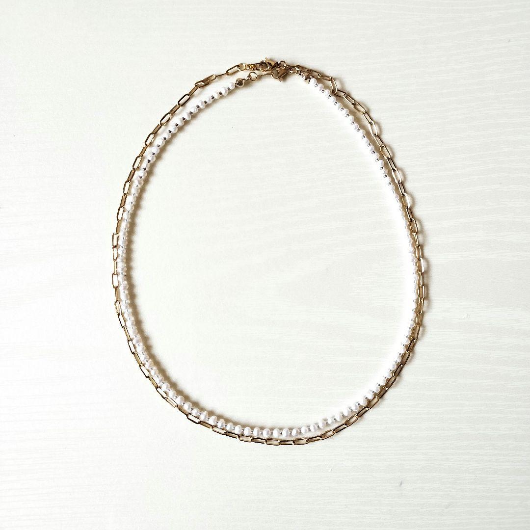 No.598　oval chainと淡水真珠∴セットネックレス