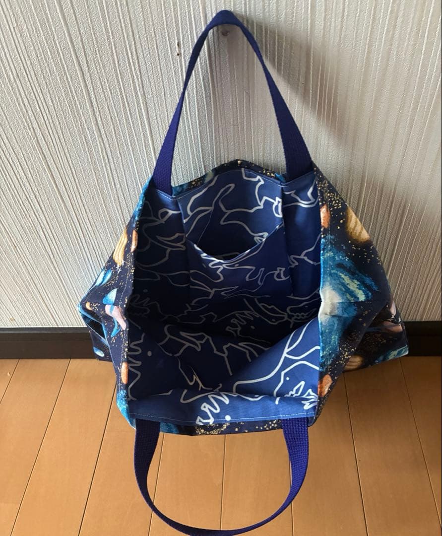うー様確認用　宇宙柄　ネイビー×ゴールド　内ポケット付きレッスンバッグ