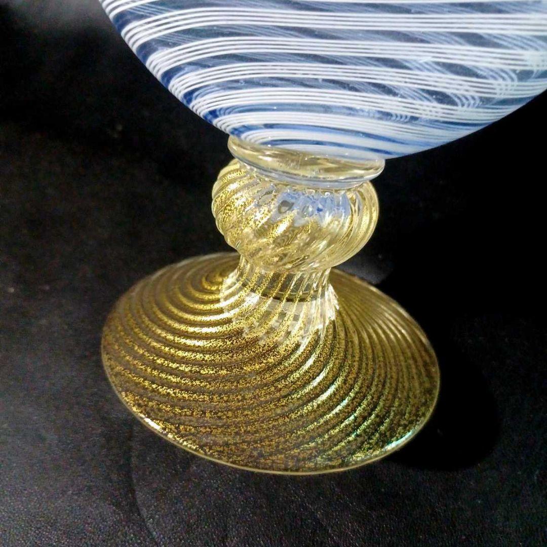 MURANO 25㎝ ムラノ 金彩 花蓋 ブルー ライン デカンタ デキャンタ