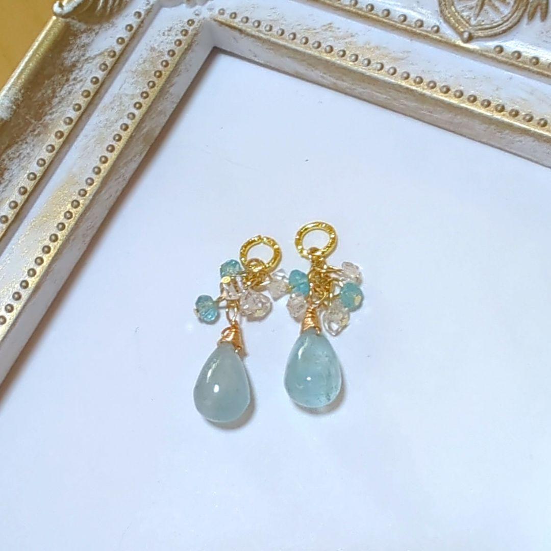 新作☆天然石シンデレラアクアマリン＆天然石のピアス　14kgf