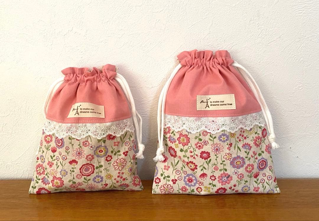 ハンドメイド　入園入学準備　レッスンバッグ　5点セット 花柄　コーラルピンク