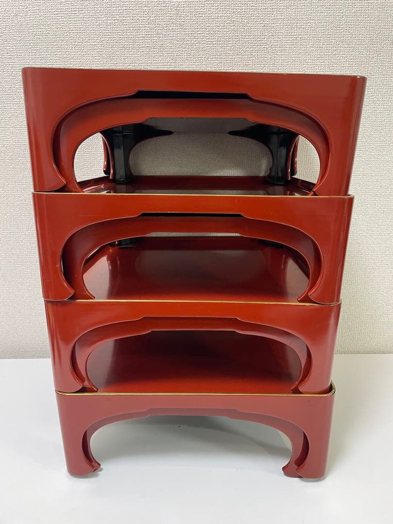 【現状品】漆器 輪島塗 朱塗 金彩 脚付膳 重ね膳 4客 8個 割烹屋 懐石②