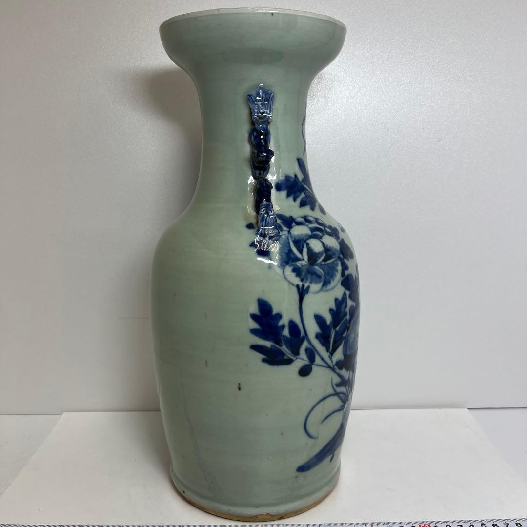 中国清時代　染付大文双耳　花瓶　高さ約42cm 東K8-0227②タルカニ