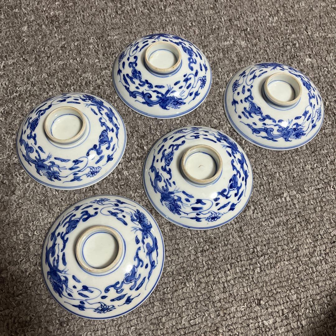 明治期 古伊万里 染付 蓋茶碗 5客 料亭 懐石 龍雲　茶道具