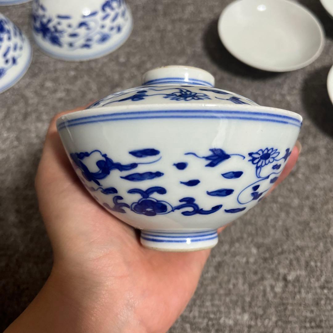 明治期 古伊万里 染付 蓋茶碗 5客 料亭 懐石 龍雲　茶道具