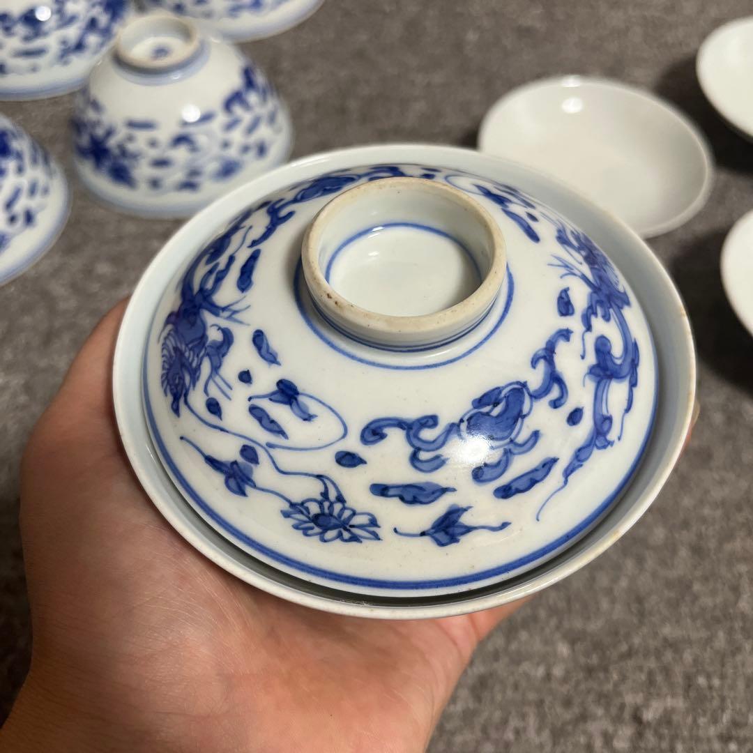 明治期 古伊万里 染付 蓋茶碗 5客 料亭 懐石 龍雲　茶道具