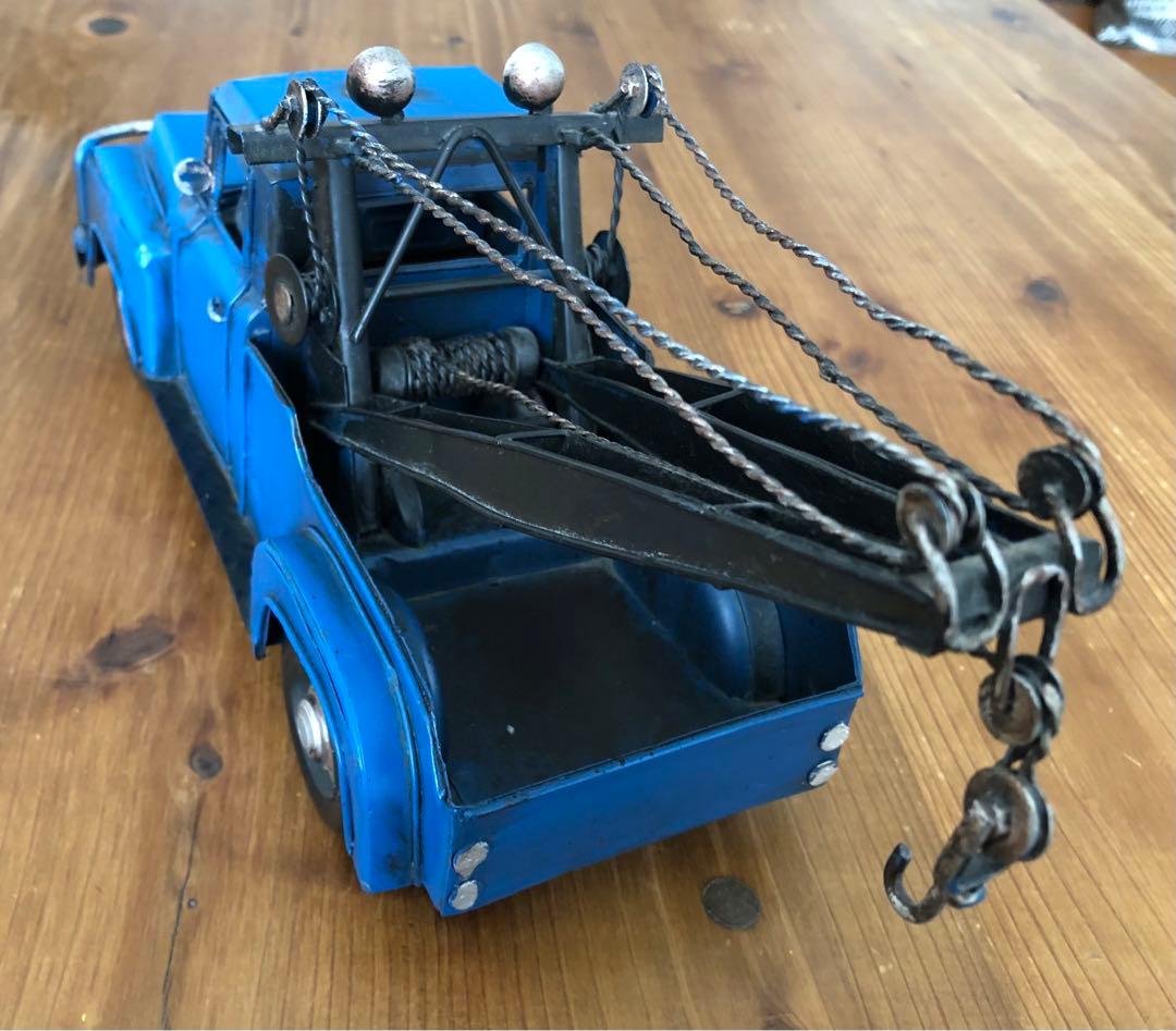 ブリキクレーンレッカー車　青　ビンテージミニカー　レトロおもちゃ