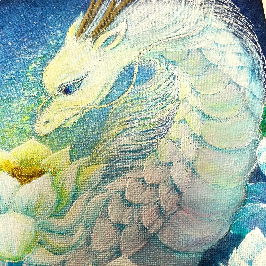 No.484 F3キャンバス　原画　龍神絵画　龍神様　白龍　開運絵画　蓮　蓮の絵