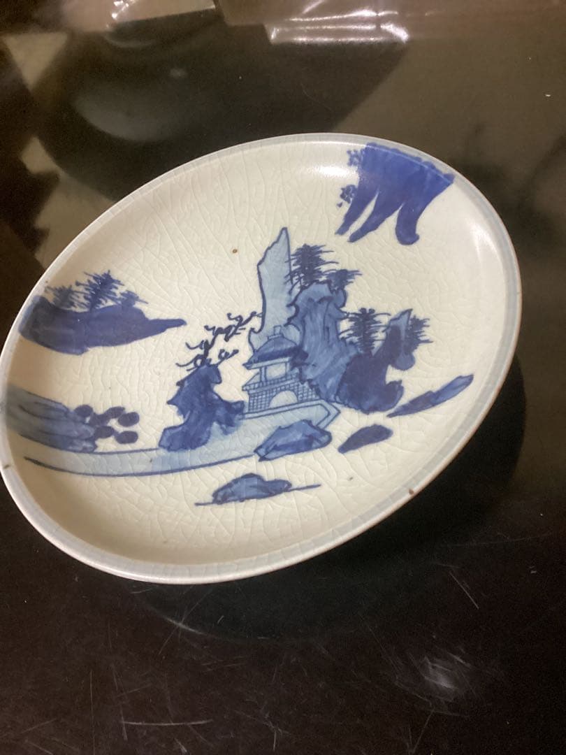 初期伊万里　染付風景図　江戸期中皿幅約20.8cm