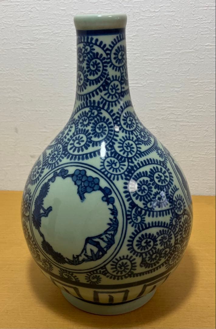 【大型26cm】時代物 染付 蛸唐草文 大徳利 窓絵 松山水図 花瓶 骨董