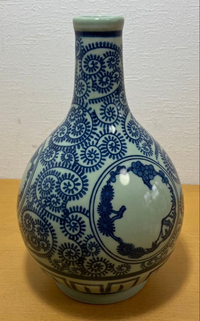 【大型26cm】時代物 染付 蛸唐草文 大徳利 窓絵 松山水図 花瓶 骨董