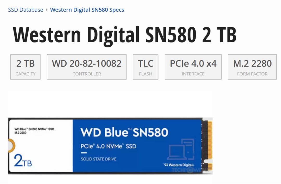 WD Blue SN580 2TB NVMe SSD PCIe4 動作確認済み