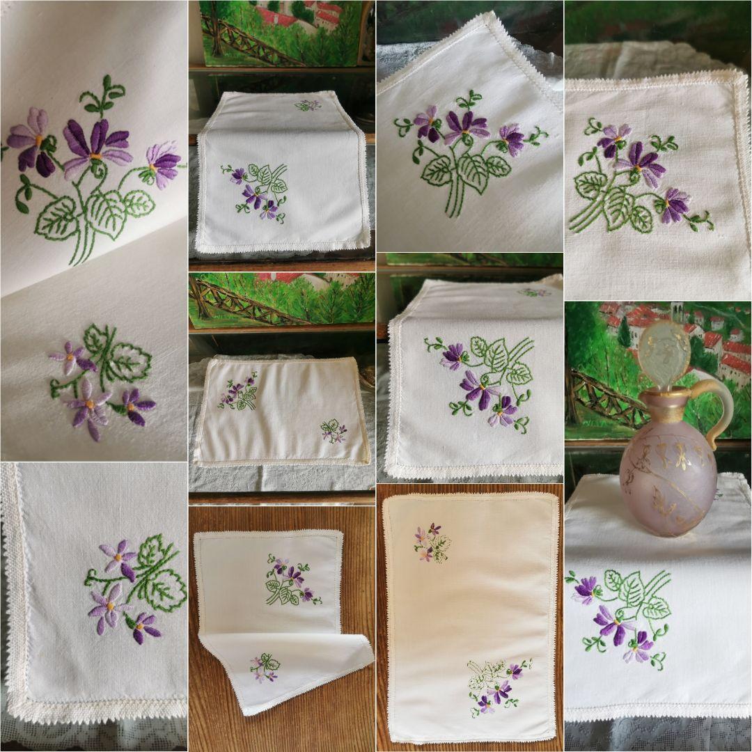 アンティーク/ヴィンテージ フランス 菫の刺繍クロス コットンリネン メティス風