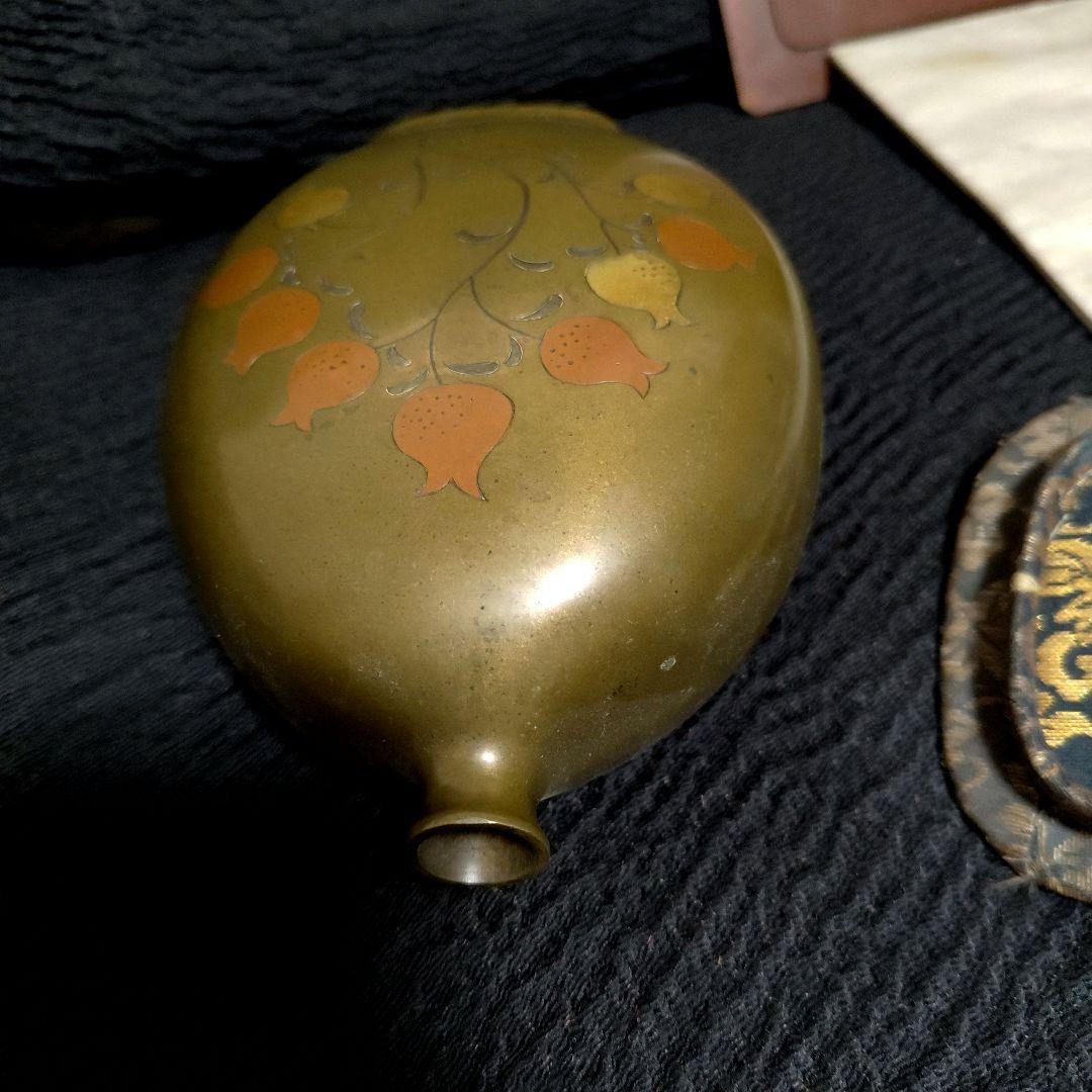 詳細不明青銅製花瓶壺？柘榴ザクロざくろ？花？模様 アート工芸品専用箱等付き